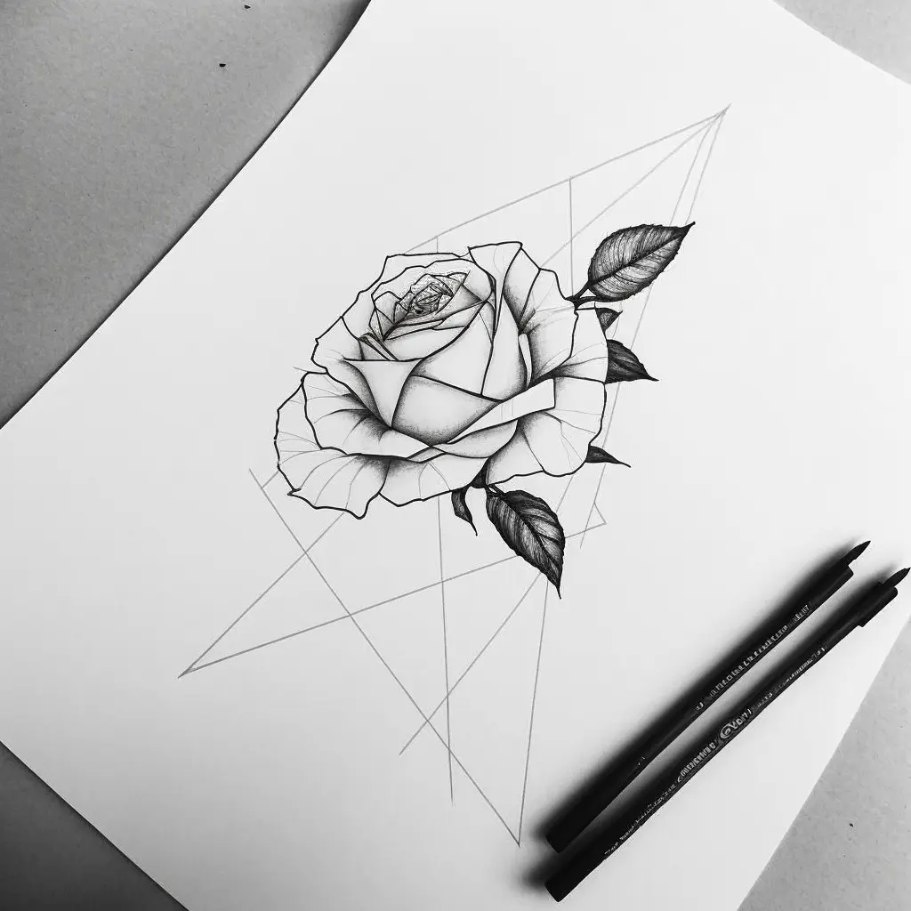 minimalist rose tattoo design, lines, minimal, black and white, white background  